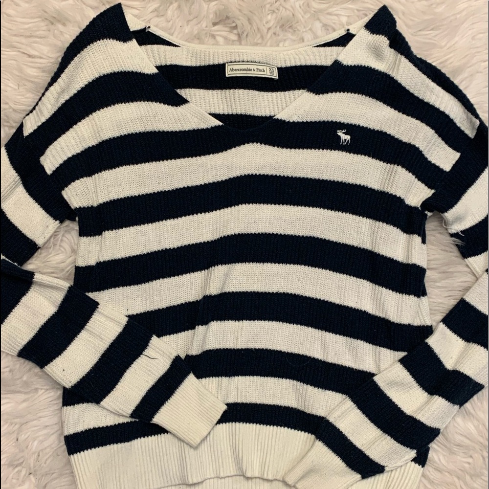 blue and white stripped sweater v neck